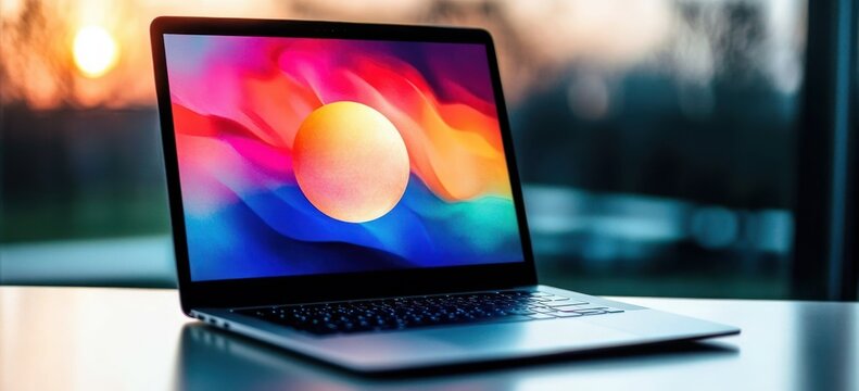 Modern laptop displaying colorful abstract digital art with a glowing yellow sphere against blurred outdoor sunset background