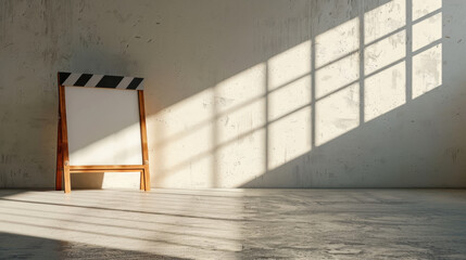 Poster - Wooden clapperboard stands against textured wall, casting soft shadows on floor, illuminated by natural light streaming through large windows. scene evokes sense of creativity and inspiration