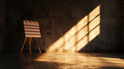 Poster - Construction sign with orange and white stripes stands on wooden easel, casting soft shadow on textured concrete wall. Sunlight streams through window, creating warm atmosphere