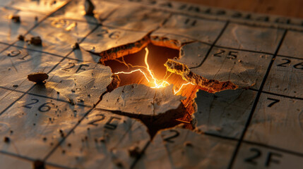 Poster - Torn calendar page reveals burst of energy, with bright lightning illuminating wooden surface beneath. contrast between rough texture and vibrant light creates striking visual impact