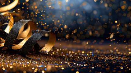 Poster - Vibrant abstract celebration background featuring shimmering ribbons and sparkling confetti, creating festive atmosphere filled with joy and excitement