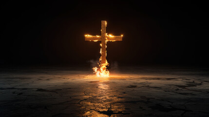 Poster - Abstract Christian cross made of light in dark space, symbolizing hope and faith, surrounded by mystical glow and fiery elements, creating powerful visual impact