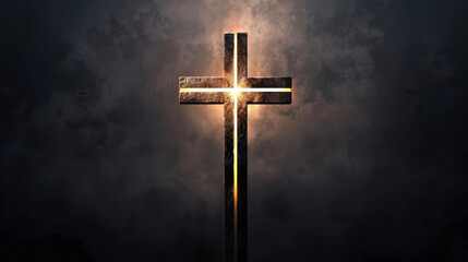 Poster - Radiant abstract Christian cross made of light stands out against dark, moody background, evoking sense of hope and spirituality. interplay of light and shadow enhances its significance