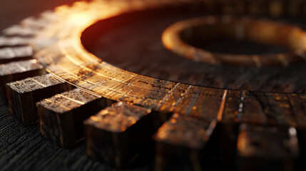 Poster - Close up view of metallic gear with textured surface, reflecting warm light, showcasing intricate details and rustic appearance. image evokes sense of industrial design and craftsmanship