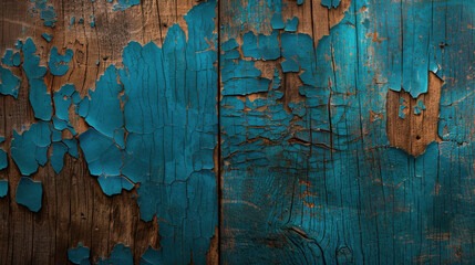 Poster - Abstract cracked paint texture on old wooden surface, showcasing vibrant blue and rustic brown tones, evokes sense of history and character