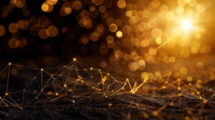 Fototapete - Stunning abstract representation of interconnected data wires illuminated by golden bokeh lights, creating sense of depth and sophistication. warm glow evokes feeling of innovation and technology