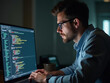© MediaPro - Développeur concentré écrivant du code sur écran en pleine nuit dans un bureau moderne