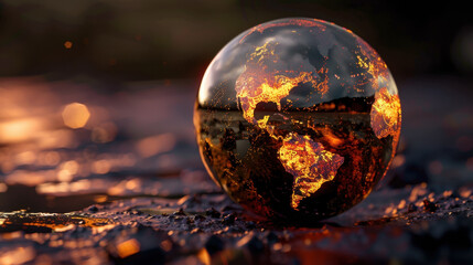 Poster - Stunning globe representing Earth, with fiery colors and reflective surface, set against blurred background. image evokes sense of urgency about climate change and environmental issues