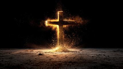 Poster - Glowing golden cross surrounded by sparkling dust and soft light creates captivating and spiritual atmosphere. contrast against dark background enhances its beauty and significance