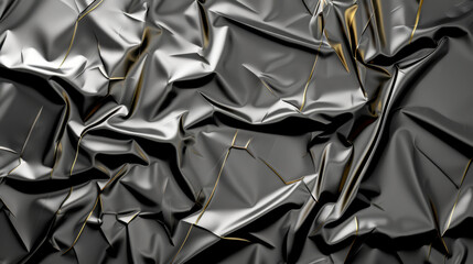 Poster - Crumpled black metallic foil texture with shiny highlights creates striking visual effect, showcasing depth and elegance. interplay of light and shadow adds dynamic quality to surface