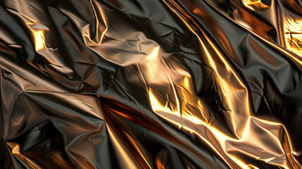 Poster - Shiny metallic foil texture with crinkled surface, reflecting light in warm tones, creating abstract and dynamic visual effect. interplay of light and shadow adds depth and intrigue