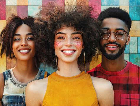 Three young adults standing close together in front of a colorful tiled wall, showcasing diverse hairstyles and casual clothing, expressing a sense of unity and individuality