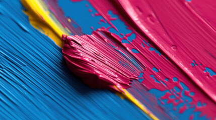 Poster - Vibrant abstract paintbrush stroke texture on canvas showcasing bold colors of pink, blue, and yellow, creating dynamic visual experience that evokes creativity and artistic expression