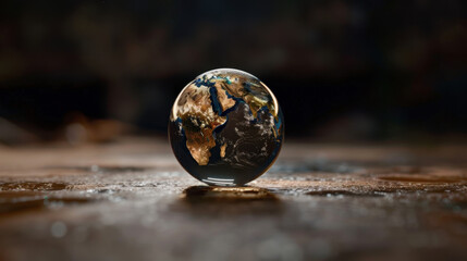 Poster - abstract planet earth inside glass sphere, floating gracefully on reflective surface, showcasing int