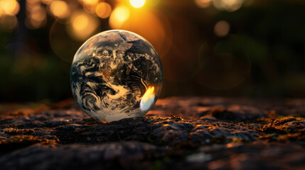 Poster - Stunning abstract representation of planet Earth captured inside glass sphere, beautifully illuminated by warm sunlight, creating magical atmosphere. intricate details of globe reflect nature