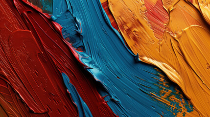 Poster - Vibrant abstract texture featuring streaks of red, blue, and orange paint layered on flat surface, creating dynamic and visually striking composition