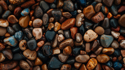 Poster - Smooth, colorful pebbles and stones create beautiful abstract texture, showcasing variety of shapes and hues that evoke sense of calm and natural beauty