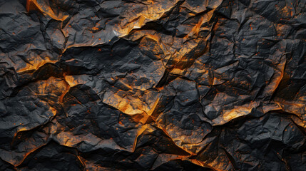 Poster - Textured surface of crumpled black material with glowing orange highlights, creating dramatic and abstract appearance. interplay of light and shadow adds depth and intrigue to design