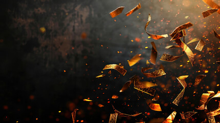 Poster - Golden confetti pieces float gracefully in dark background, creating festive and celebratory atmosphere. shimmering lights enhance mood, evoking joy and excitement