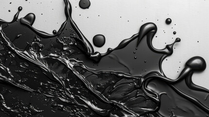 Poster - Black ink splash creates dramatic and artistic effect on textured dark paper, showcasing fluid movement and glossy surfaces that evoke sense of creativity and depth