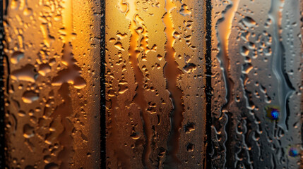 Poster - Blurry glass texture with condensation droplets creates warm and inviting atmosphere, showcasing beauty of moisture on surface. interplay of light and water adds depth and intrigue