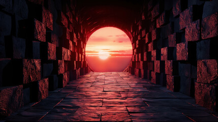 Poster - Stunning view of tunnel leading to vibrant sunset, with warm hues illuminating stone walls and floor. scene evokes sense of mystery and tranquility, inviting exploration