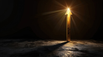 Poster - Bright arrow emerging from shadow, symbolizing direction and hope, stands tall against dark background, casting long shadow on textured surface