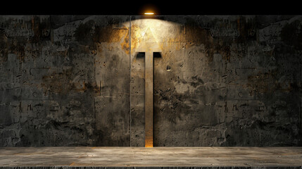Poster - Dramatic scene featuring textured concrete wall illuminated by spotlight, casting shadows that enhance industrial atmosphere. stark contrast between light and shadow creates mysterious ambiance