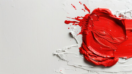 Poster - Bright red paint splash across white surface creates striking visual contrast, showcasing vibrant color and texture of paint. dynamic movement evokes creativity and artistic expression