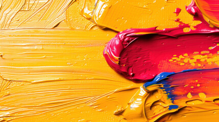 Aufkleber - Bright and vibrant canvas painting texture featuring bold brush strokes in yellow, red, and blue. dynamic colors create energetic and expressive visual experience