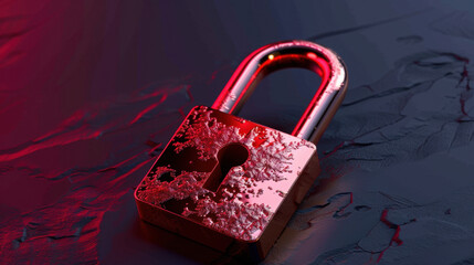 Poster - Shiny padlock rests on textured surface, illuminated by red light, creating dramatic and secure atmosphere. intricate details on padlock suggest sense of protection and safety