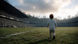 © Quail 8s Studio - Young child walks across  green soccer field towards  stadium filled with spectators