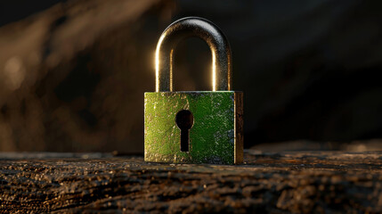 Poster - Glowing circular padlock with textured surface, set against dark background, symbolizes security and protection. light reflects off its metallic finish, creating captivating visual effect