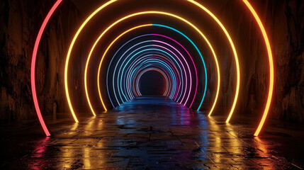 Poster - Vibrant tunnel illuminated by circular neon lights in various colors creates mesmerizing atmosphere. reflective floor enhances visual impact, inviting exploration and wonder