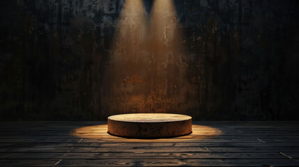 Poster - Clean, shining stage with spotlight illuminating circular pedestal, set against dark, textured background. atmosphere conveys anticipation and focus, perfect for presentation or performance