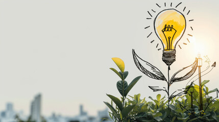 Poster - Clean tech inspired background featuring light bulb illustration emerging from green leaves, symbolizing innovation and sustainability in urban settings. image evokes sense of hope and progress