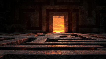 Poster - Clear glowing pathway leads through maze, illuminated by warm sunset. intricate design of maze creates sense of mystery and adventure, inviting exploration and discovery
