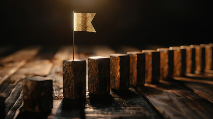 Poster - Golden flag stands proudly atop wooden block, symbolizing achievement and success. background features series of wooden blocks arranged line, creating sense of progression and determination