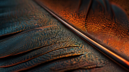 Poster - Closeup of feather texture showcasing fine delicate lines and vibrant colors, creating stunning visual effect that highlights intricate details of nature design
