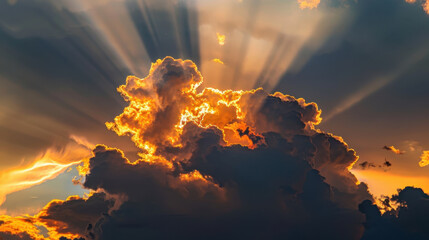 Wall Mural - golden light beams parting clouds create stunning display in cloudy sky, evoking sense of wonder and