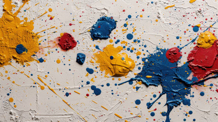 Poster - Colorful acrylic splatter texture on white canvas creates vibrant and dynamic visual experience, showcasing mix of yellow, blue, and red paint splashes that evoke creativity and energy