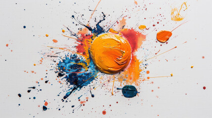 Poster - Colorful acrylic splatter texture on white canvas creates vibrant and dynamic visual experience, showcasing blend of orange, blue, and yellow hues that evoke creativity and energy