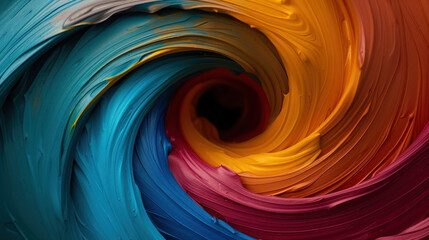 Poster - Colorful swirling paint creates vibrant and dynamic visual effect, showcasing blend of blue, orange, red, and yellow hues. This artistic representation evokes creativity and energy