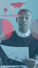 Poster - Animation of infographic interface over man discussing reports on video call in office