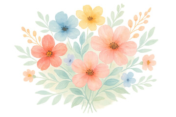 Poster - Soft watercolor floral arrangement blooming with pale petals and gentle greenery, displaying artistic transparency against clean white space