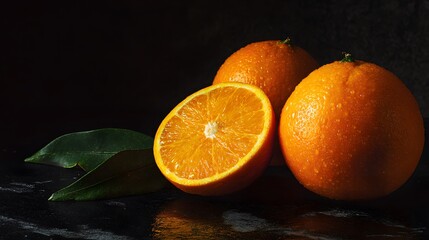 Poster - Close-up of oranges and leaves on dark surface