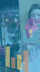Poster - Animation of interface with statistical data processing against asian woman using a tablet at office