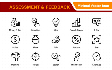 Poster - Assessment and Feedback icon pack. Includes rating stars, surveys, feedback forms, and assessment tools.