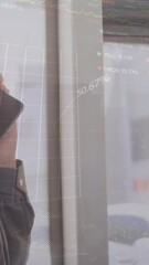 Poster - Animation of trading board, smiling woman talking on cellphone while travelling in bus