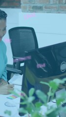 Poster - Animation of changing numbers, african american woman looking at computer and writing in notepad